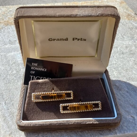 Swank Grand Prix TIGERS EYE Cufflinks Rectangular Gold Bars Original Vel… - Picture 1 of 15